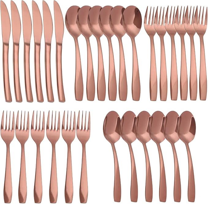 Rosegold 30 Piece Silverware Set,Stainless Steel Flatware Set for 6,18/0 Rust-Proof Cutlery Set with Forks & Spoons,Mirror Polished Dishwasher Safe - Heavy Duty Tableware for Home & Dining