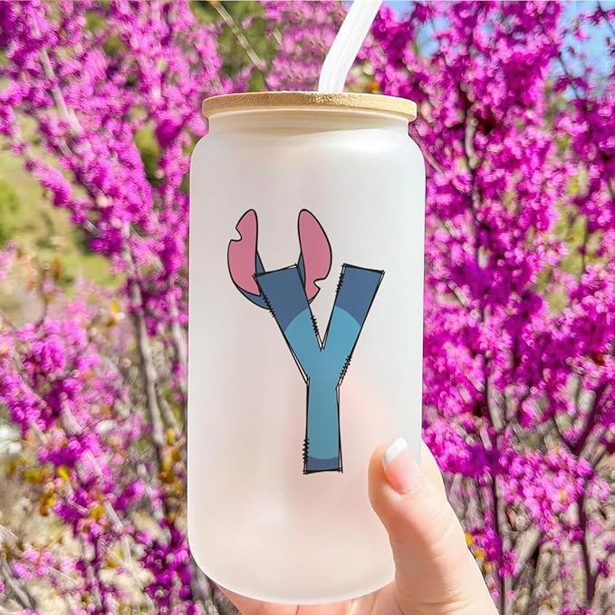 Cute Cartoon Lover Gifts Initial A-Z Personalized Iced Coffee Cup Cartoon Merch 16oz Glass Cup with Lid and Straws Birthday Christmas Gifts for Women Teen Girls Fans (Letter Y)