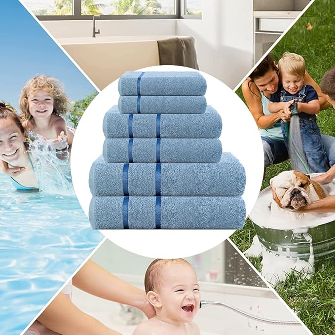 CASA COPENHAGEN Eternal 6 Pieces Towel Set- Dusty Blue, 500 GSM 2 Bath Towel 2 Hand Towel 2 Washcloth, Designed in Denmark Made of Soft Egyptian Cotton for Bathroom, Kitchen & Shower