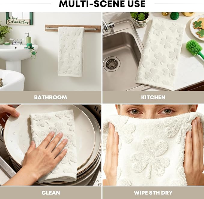 Artoid Mode 2 Pcs Beige 3D Shamrock Jacquard Patrick Hand Towels for Bathroom, 100% Cotton Soft Absorbent Bathroom Decor Towels, 13.7 x 29.5 Inch