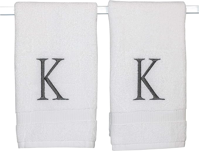Dark Gray Monogrammed Hand Towels for Bathroom - White Luxury Hotel Quality Personalized Initial Decorative Embroidered Towel for Powder Room, Spa-GOTS Organic Certified - Pack of 2, Letter K