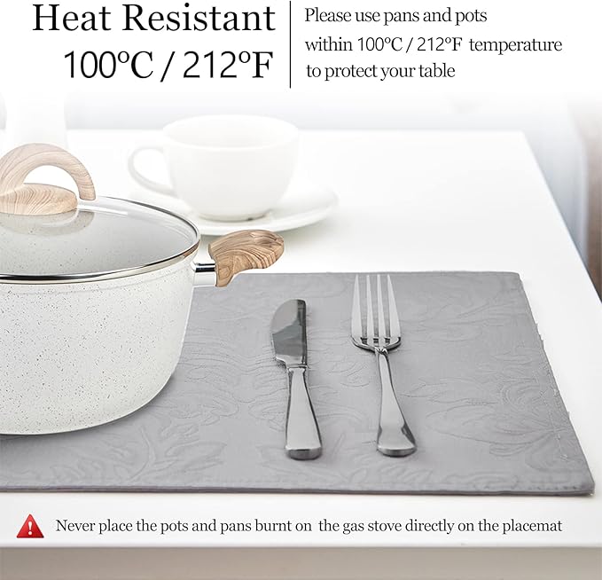 Place Mats Set of 8 – Rectangle Rectangular Waterproof Fabric Polyester Cloth Washable Wipeable Heat Resistant Placemats for Kitchen Dining Dinner Table Indoor 13 X 19 Inch Grey