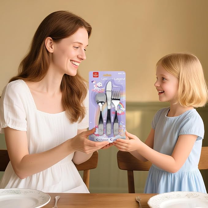 Lehoo Castle Toddler Utensils, 6 Pcs Toddler Silverware 3 Year Old Forks and Spoons, Kids Silverware Set Stainless Steel, Metal Silverware for Toddlers (Unicorn)