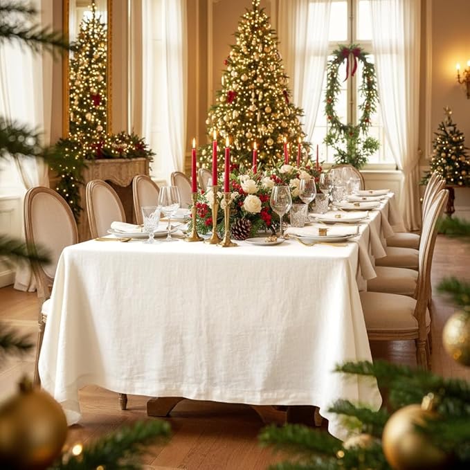 D'Moksha Homes Ivory Linen Tablecloth 60 x 144 Inch - 100% Pure Linen Table Cloth for Rectangle Tables - Machine Washable Tablecloth for Winter, Holiday, New Year