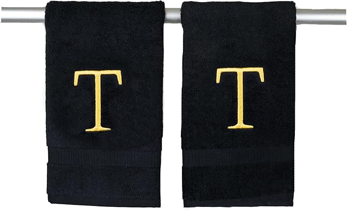 Black and Gold Bathroom Hand Towel - Monogrammed Luxury Hotel Quality Decorative Embroidered Towel for Powder Room, Spa - GOTS Organic Certified - Pack of 2, Letter T