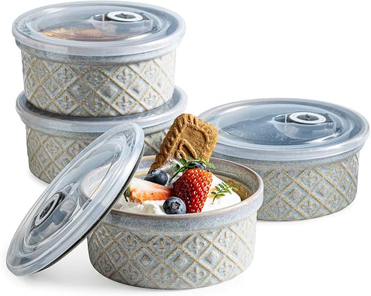 Ramekin Dish Set of 4, 12 oz Creme Brulee Ramekins with Lids, Ceramic Ramekins for Serving Dips, Lava Cake, Pudding, Souffle, Baking Bowls Set Dishwasher and Oven Safe, Gray