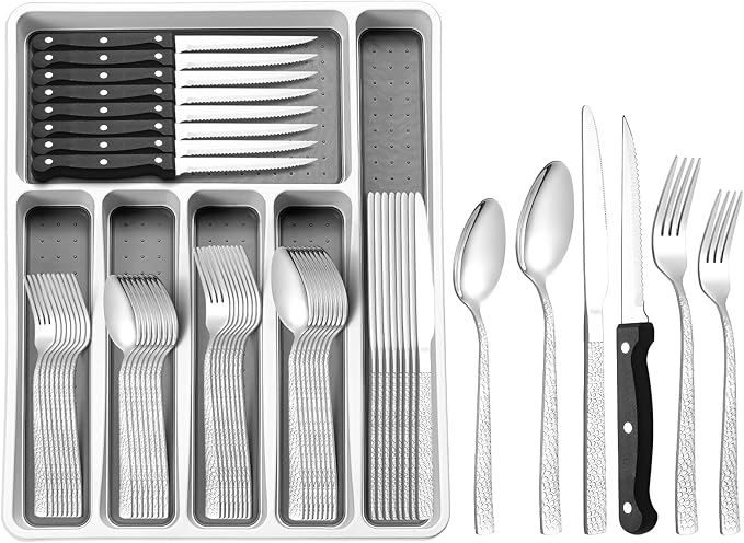 49Pcs Silverware Set with Organizer, Silver Stainless Steel Flatware Set for 8 Cutlery Utensil Sets with Steak Knives, Spoons and Forks Set, Dishwasher Safe