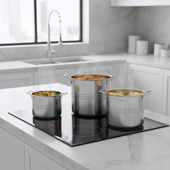 Valore 3 pc Stainless Steel Stock Pot Set - 12, 16 & 24 qt - 5-ply Canning Pots with Brushed Stainless Finish & Riveted Handles - Canning Supplies Compatible with All Cooktops