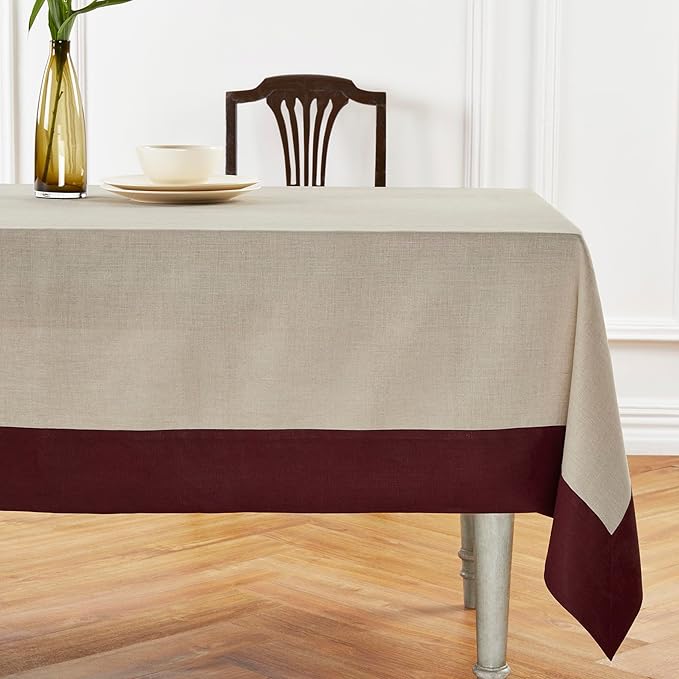 Solino Home Linen Tablecloth 60 x 90 Inch - 100% Pure Linen Burgundy and Natural Rectangular Tablecloth - Machine Washable Table Cloth for Valentines, Winter, New Year - Contempo