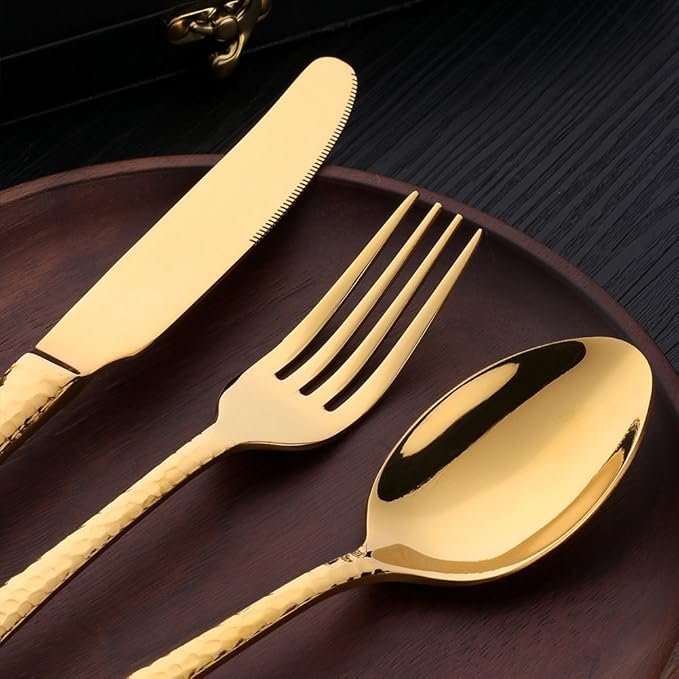 5-Piece Gold Silverware Flatware Set Service for 1 Stainless Steel Cutlery Set Include Dinner Knife Table Fork Table Spoon Salad Fork Tea Spoon for Wedding, Dishwasher Safe
