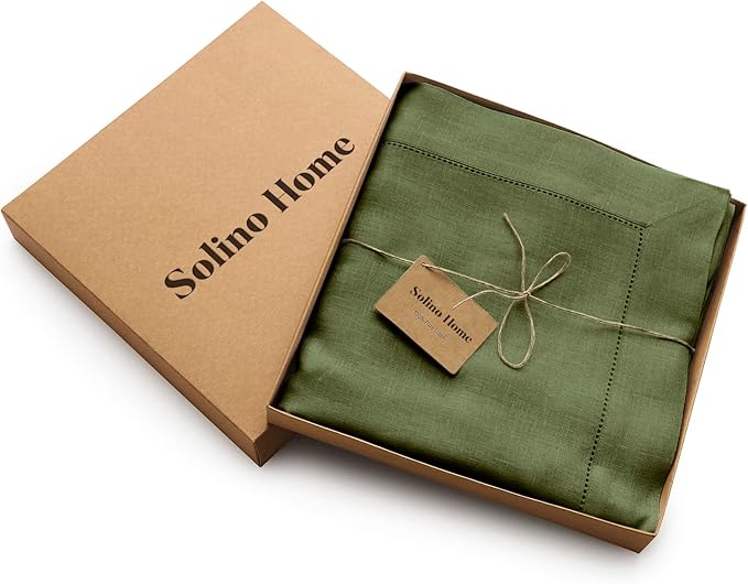 Solino Home Olive Linen Tablecloth 60 x 120 Inch - 100% Pure Linen Hemstitch Table Cloth for Rectangle Tables - Classic Hemstitch, Machine Washable Tablecloth