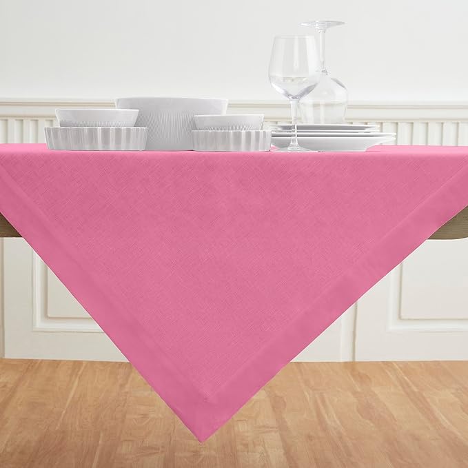 Solino Home Linen Square Tablecloth 52 x 52 Inch - 100% Pure Linen Flamingo Pink Table Throw - Fete, Machine Washable Table Cloth for Valentines