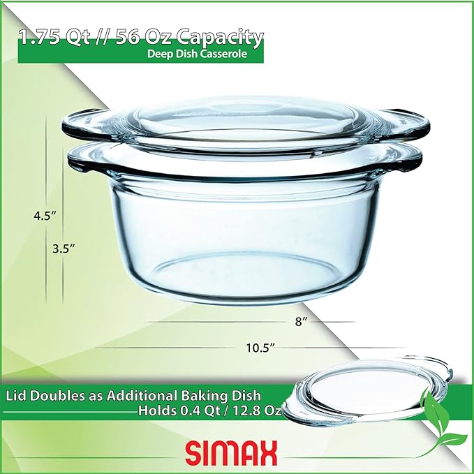 Glass Casserole Dish by Simax Clear Glass Round Casserole Dish with Lid and Handles Covered Bowl for Cooking Baking Serving etc. Microwave Dishwasher Oven and Stove Safe Cookware 1.75 Quart