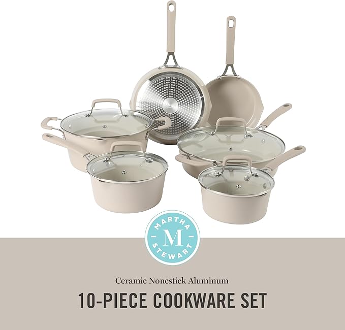 Martha Stewart Heathland Premium Nonstick PFA Free Ceramic Interior 10-Piece Tapered Aluminum Cookware Set - Taupe