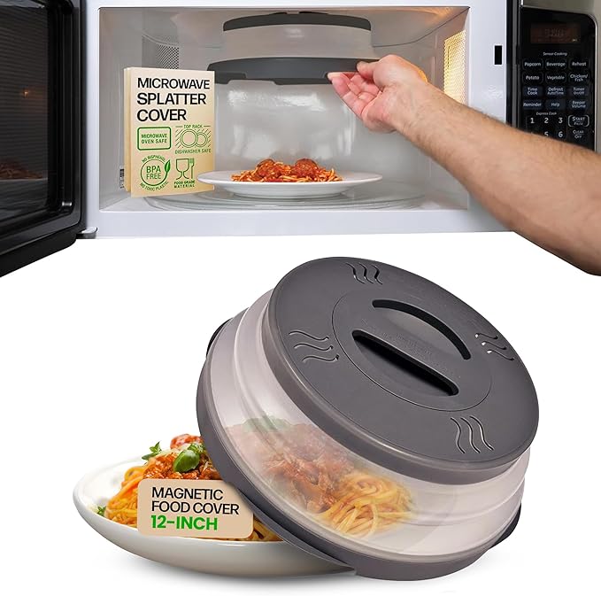 HOVER COVER Magnetic Microwave Splatter Cover with High Power, Strongest Magnetic Grip, Collapsible 12-Inch BPA-Free Food Lid, Vented Plate Guard, Dishwasher Safe, Space-Saving Storage - Gray