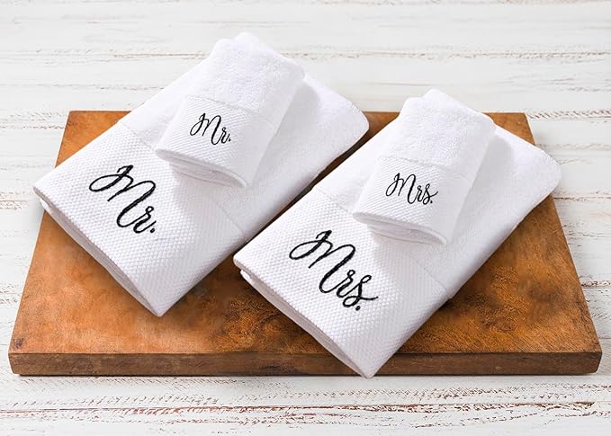 RUBBER BOND Mr and Mrs Towels Set with Gift Box - 4 Pack Bath and Hand Towels for Couples - Hotel, Spa & Bathroom Cotton Towels - Gift for Couples, Men, Women (Black Embroidery Christmas Packaging)