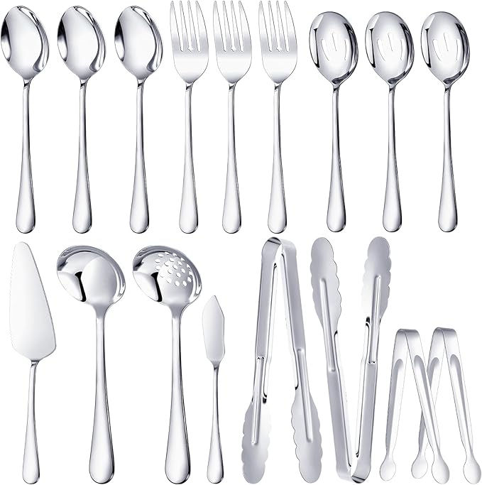 MWELLEWM 17Pcs Serving Utensils, Silver Stainless Steel Large Serving Spoons, Slotted Spoon, Fork, Tongs, Cake Pie Server, Soup Spoon Metal Buffet Banquet Cutlery Set for Parties Entertaining Catering