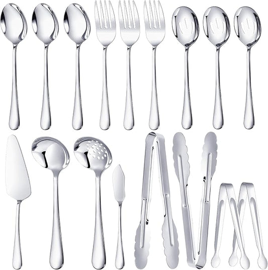 MWELLEWM 17Pcs Serving Utensils, Silver Stainless Steel Large Serving Spoons, Slotted Spoon, Fork, Tongs, Cake Pie Server, Soup Spoon Metal Buffet Banquet Cutlery Set for Parties Entertaining Catering