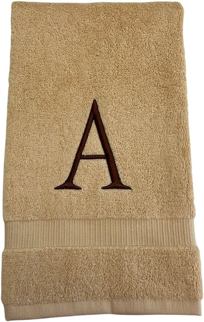 Beige Initial Hand Towel for Bathroom - Monogrammed Luxury Hotel Quality Decorative Embroidered Towel for Powder Room, Spa - GOTS Organic Certified - Set of 2 Brown Letter G