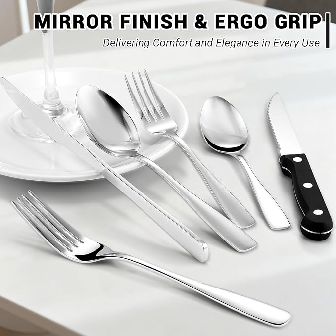 BEWOS 72-Pieces Silverware Set for 12 - Stainless Steel Flatware Set with Mirror Polish, Cutlery Set Including Steak Knives, Forks and Spoons, Dishwasher Safe for Restaurant (Silver)