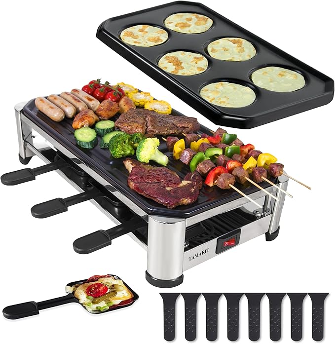 TAMARIT 8-Person Raclette Grill, Electric Party Griddle with Nonstick Grill and Crepe Plates, 8 Pans and Spatulas, 1500W (Indoor), Stainless Steel