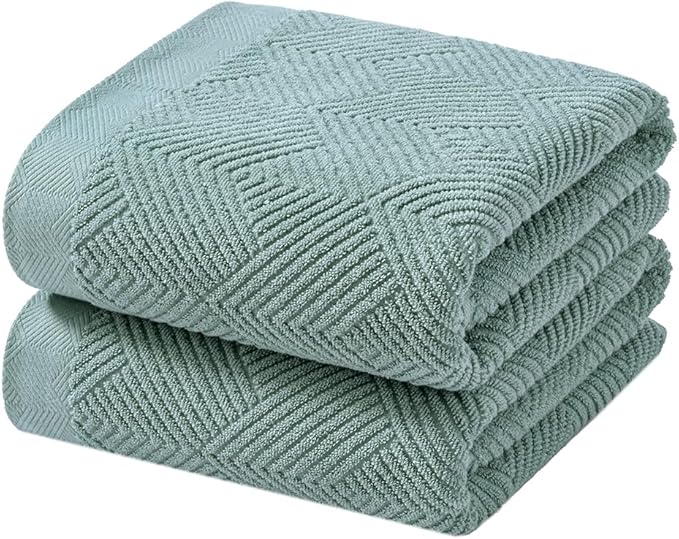 sense gnosis Sage Green Bath Towel Set of 2 Striped Weave 100% Cotton Super Soft Highly Absorbent Summer Bath Towels for Bathroom 27x 55 Inch