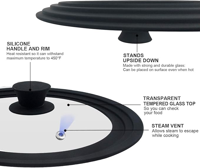 Universal Lid for Pots, Pans and Skillets - Tempered Glass with Heat Resistant Silicone Rim, Fits 11", 12" and 12.5" Diameter Cookware