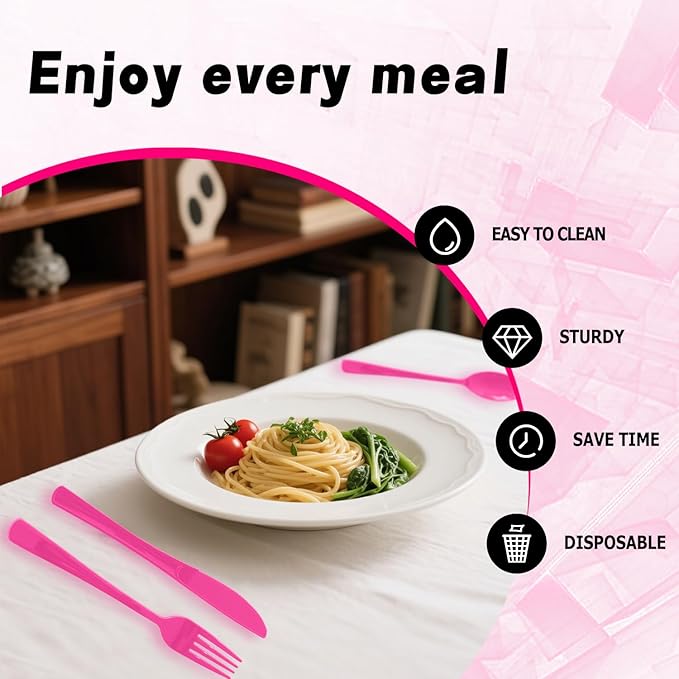 300 Pack Disposable Plastic Silverware, Heavy Duty Hot Pink Plastic Cutlery Set Includes 100 Forks 100 Knives 100 Spoons for Birthday Wedding Party Picnics (300, Hot Pink)