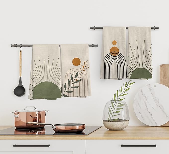 Boho Abstract Sage Green Sunshine Kitchen Towels and Dishcloths Set of 4, Boho Mid Century Modern Abstract Minimalist Sunshine Drying Cloth Hand Dish Tea Towels for Bathroom Kitchen, 16x24 Inches