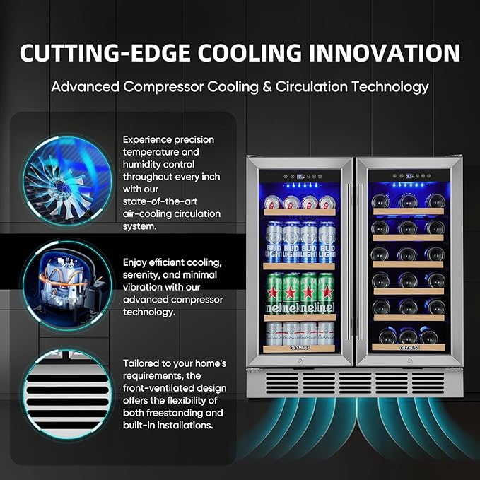 Wine and Beverage Refrigerator 30 Inch, Beverage Fridge Dual Zone with Upgraded Cooling, Wine Beverage Cooler Built-in or Freestanding, 30 Bottles and 110 Cans Large Capacity