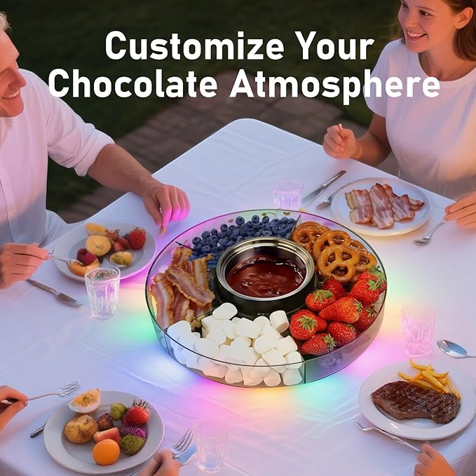 FEPPO Cordless Electric Fondue Pot Set with Mood Light, 4500mAh Rechargeable Battery Powered - 7 Roulette Cards & Detachable Serving Tray, 13.5 oz Chocolate Melting Machine, Ideal Gift for Parties