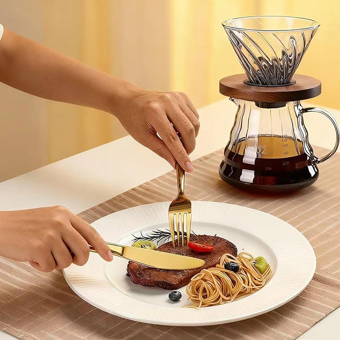 Gold 40-Piece Silverware Set,Stainless Steel Flatware Utensils Cutlery Set for 8,Including Steak Knife Fork and Spoon,Dishwasher Safe,Modern Tableware for Home & Dining