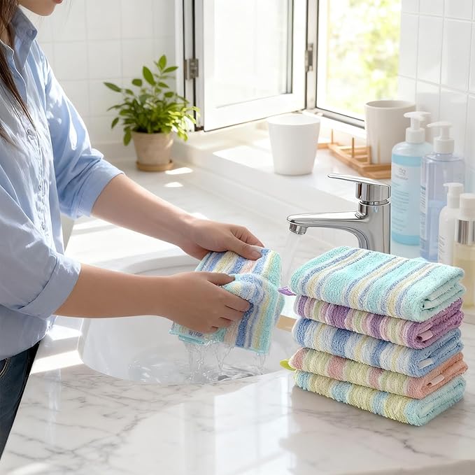 20 Pack Small Face Wash Cloths, 10x10 Inch Cotton Soft Hand Towel, Comfortable Striped Fingertip Towel for Sensitive Skin, Reusable Makeup Remover Cloth, Absorbent Cleaning Rag, 5 Colors