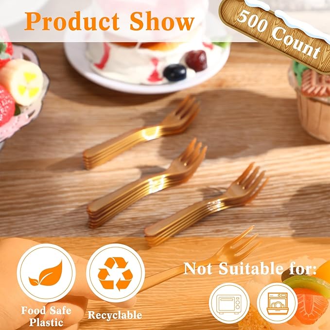 Skylety 500 Pcs Plastic Mini Forks 3.7 x 0.6 Inch Tiny Small Disposable Appetizer Cocktail Tasting Forks Utensils for Fruit Dessert Cakes Serving Supply(Gold)