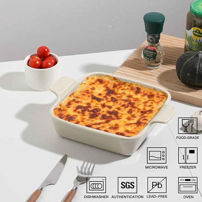 Sweejar Ceramic Baking Dish, 8 x 8 Cake Baking Pan for Brownie, Porcelain Square Bakeware with Double Handle for Casserole, Lasagna, Family Dinner (Beige)