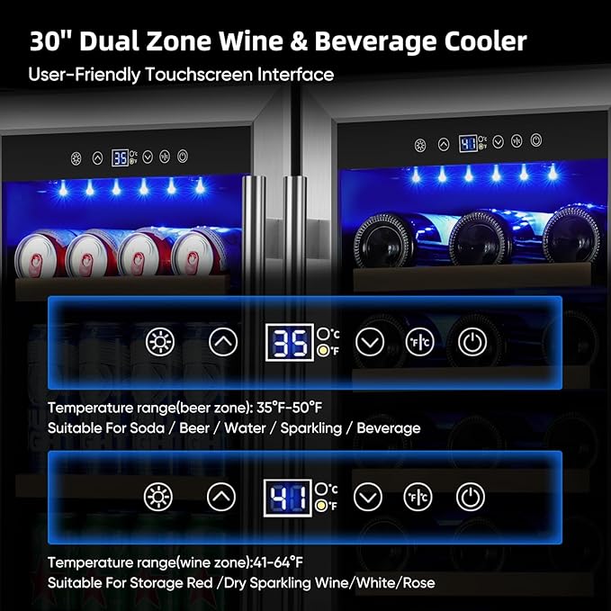 Wine and Beverage Refrigerator 30 Inch, Beverage Fridge Dual Zone with Upgraded Cooling, Wine Beverage Cooler Built-in or Freestanding, 30 Bottles and 110 Cans Large Capacity