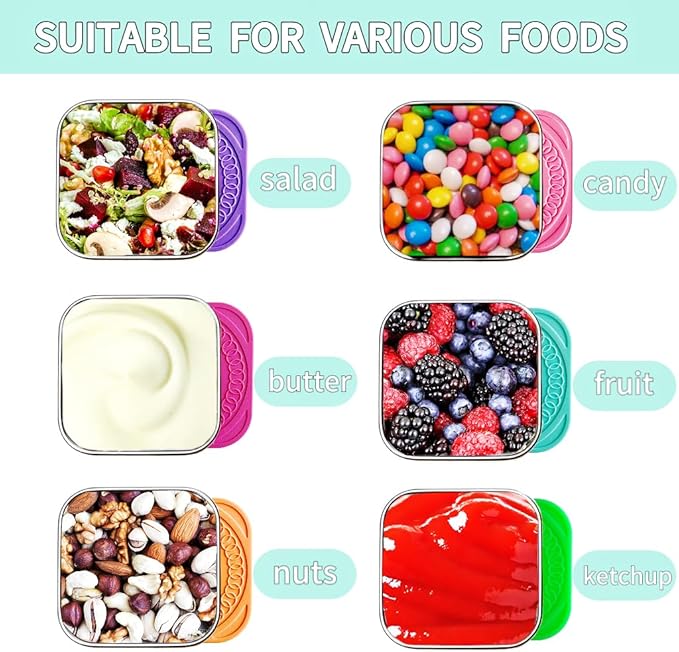 6Pack 6oz Stainless Steel Snack Containers for Kids, Easy Open Leak Proof Metal Toddler Snack Containers with Silicone Lids, Stackable Metal Toddler Lunch Box for Daycare, School and Travel