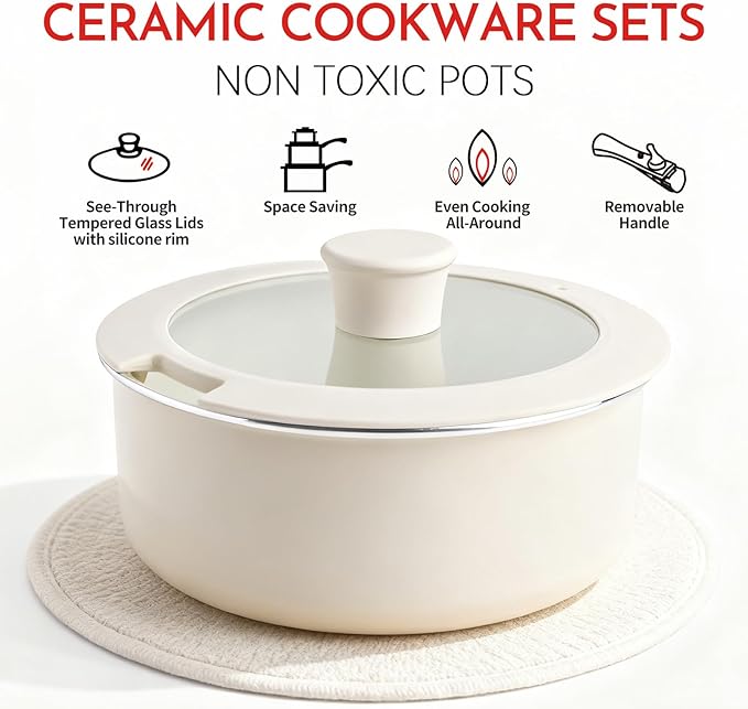 10-Piece Ceramic Nonstick Cookware Set, PFAS/PFOA/PTFE-Free & Non-Toxic Pots and Pans Set with Detachable Handles, Dishwasher Safe & Induction Compatible for Kitchen & RV Cooking