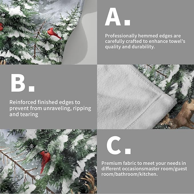 Imiss Winter Pine Tree Hand Towels for Bathroom 2 Packs Deer Forest Woodland Snowflake Bath Towels Xmas Bird Kitchen Tea Dish Towels for Seasonal Holiday Hotel Decor