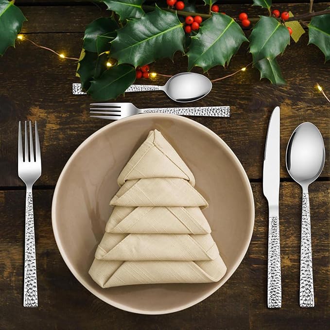 E-far 50-Piece Hammered Silverware Set, Stainless Steel Square Flatware Set Service for 10, Tableware Cutlery Set Includes Forks Spoons Knives, Modern Design & Mirror Polished - Dishwasher Safe