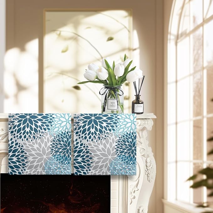 Blue Gray Dahlia Flowers Hand Towels Navy Floral Kitchen Towel Soft Decorative Dish Towels Absorbent Durable Tea Towel Set for Bathroom Kitchen Decor Hotel