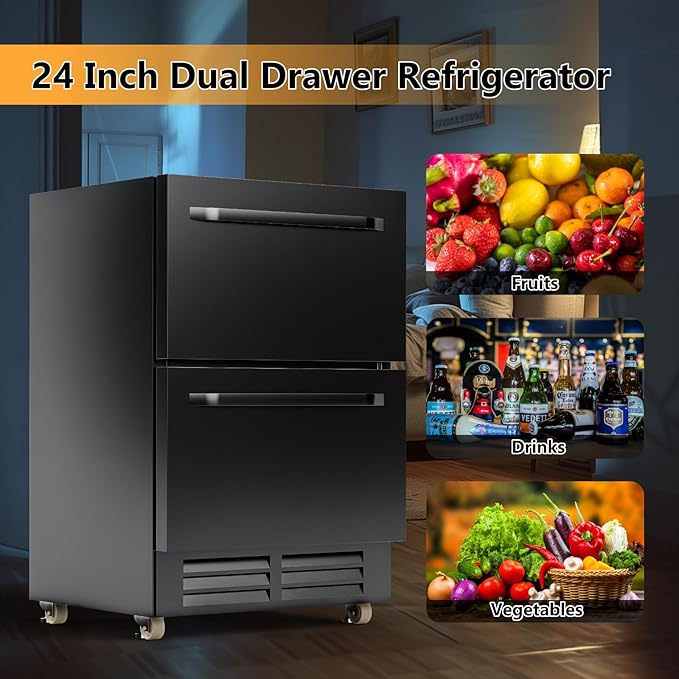 24 Inch Under Counter Dual Drawer Beverage Fridge, Weather Proof Outdoor Beverage Refrigerator for Patio, Stainless Steel Built-in Beverage Cooler for Home & Commercial Use, Black