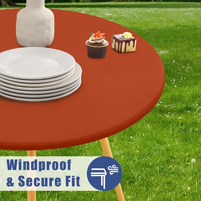 Round Spandex Thanksgiving Tablecloth, Elastic Fitted Waterproof Tablecloths for 36"-44" Tables, Stretch Washable Picnic Table Cover for Camping, Dining, Indoor and Outdoor, Rust