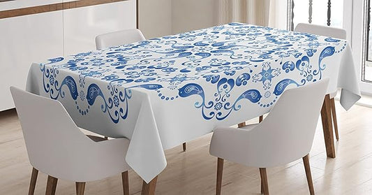 Ambesonne Mandala Tablecloth, Eastern Ottoman Mosaic Ceramic Style Round Shape with Birds Baroque Image, Dining Room Kitchen Rectangular Table Cover, 52" X 70", White Blue
