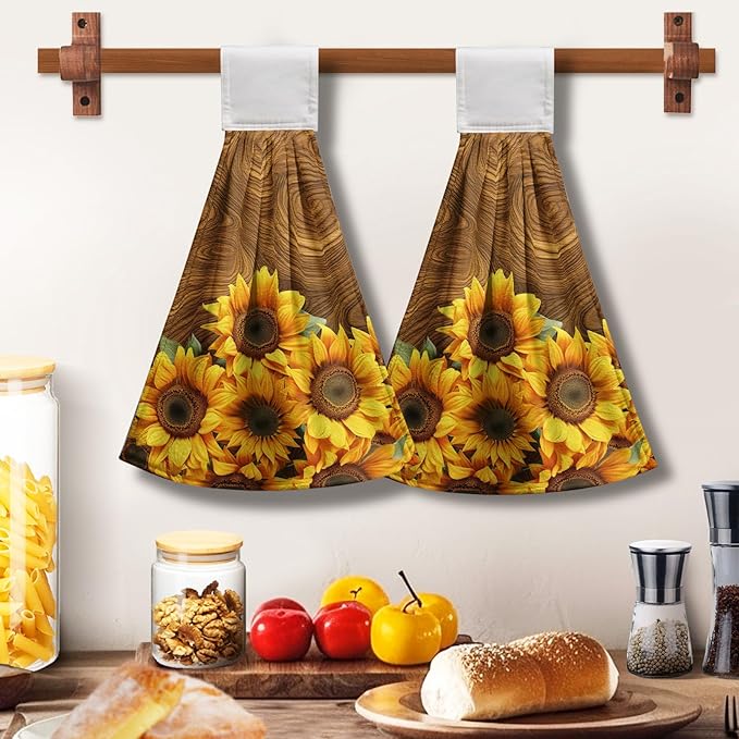 Summer Sunflowers Hanging Kitchen Towels Vintage Brown Yellow Flowers Hand Towel with Hanging Loop Tie Towels Soft Absorbent Dish Tea Towel Decorative for Bathroom Farmhouse Decor