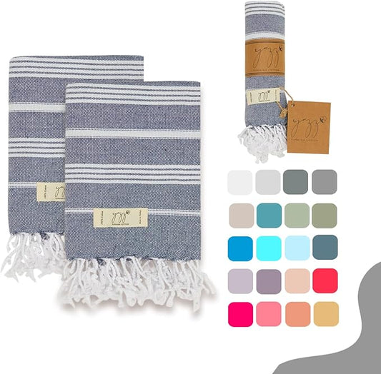 Turkish Hand Towels - Set of 2, 18" x 30" inches, Decorative Peshtemal Cotton Hand Towels for Kitchen, Bath, Guest, Face, Hair, Gym, Yoga, Dishcloth, Travel (Indigo)