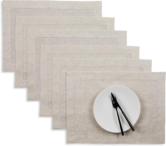 Solino Home Linen Cloth Placemats Set of 6-100% Pure Linen Hemstitch Light Natural Placemats 14 x 19 Inch - Classic Hemstitch Table Place Mats for Holiday, New Year