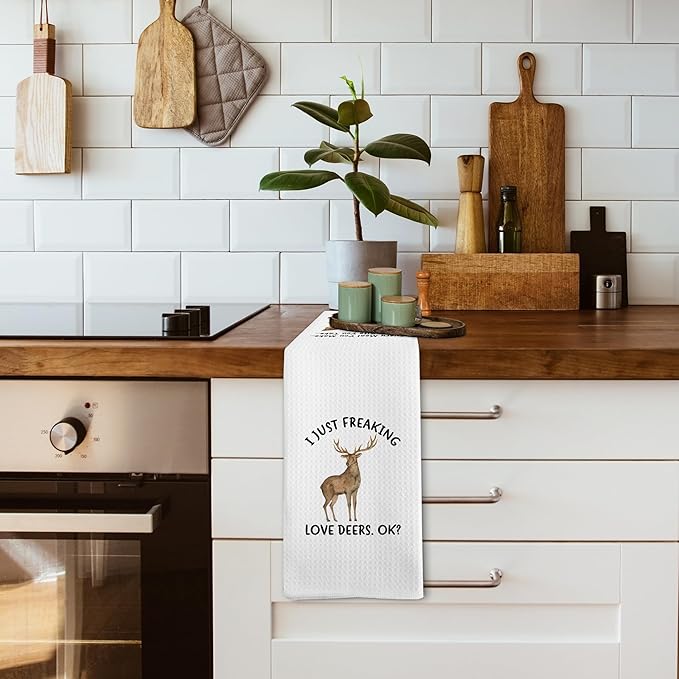 Funny Deer Kitchen Towels, Woodsy Deer Camper Cabin Bathroom Decor Decorations for Home, Rustic I Just Freaking Love Deers Dish Hand Tea Towels for Farmhouse Bathroom Kitchen, 16x24 Inch