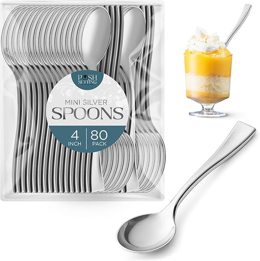 Posh Setting - Plastic Mini Spoons, Silver Mini Spoons, Silver Plastic Mini Dessert Spoons, Disposable Tiny Silver Spoons, 4 inch Mini Spoons for Appetizers, Taster Spoons, Ice Cream Spoons (80 Pack)