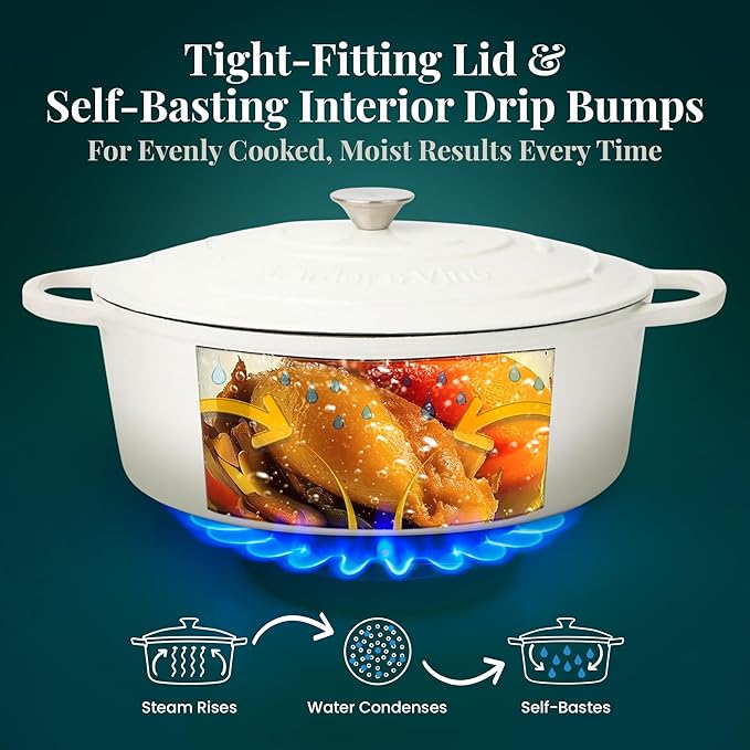 Larder & Vine Enameled Cast Iron 8 qt Dutch Oven Pot with Lid | Bread Baking | Compatible on All Cooktops & Oven Safe to 500° F | Great for Sourdough Bread | White